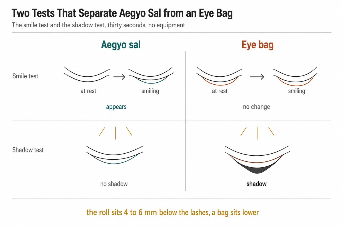 Zwei Selbsttests zur Unterscheidung von Aegyo Sal und Tränensäcken: der Lächeltest, bei dem Aegyo Sal mit der Mimik erscheint und ein Tränensack nicht, und der Schattentest, bei dem ein Tränensack unter Deckenlicht eine dunkle Linie wirft und Aegyo Sal nicht.