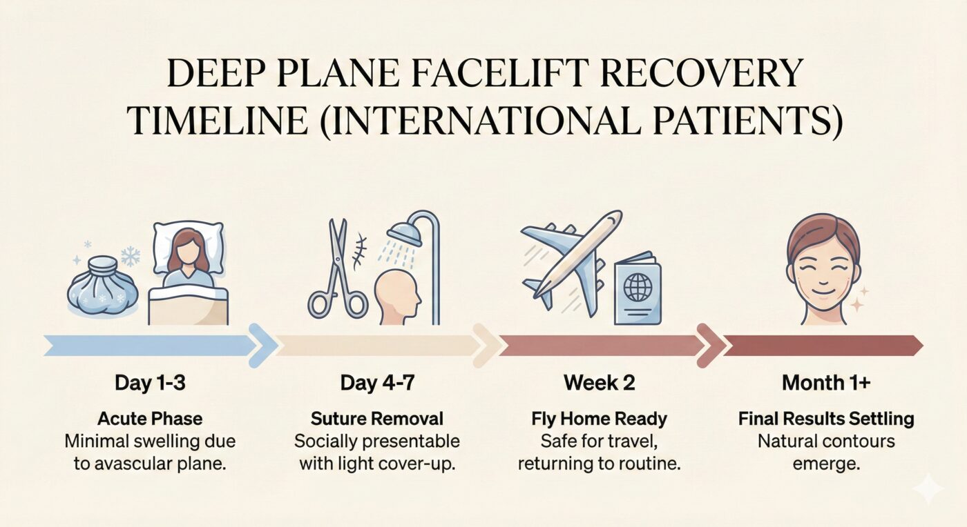 Deep plane facelift recovery timeline for international patients — showing the acute phase (days 1–3), suture removal (days 4–7), fly-home ready (week 2), and final results settling (month 1+)