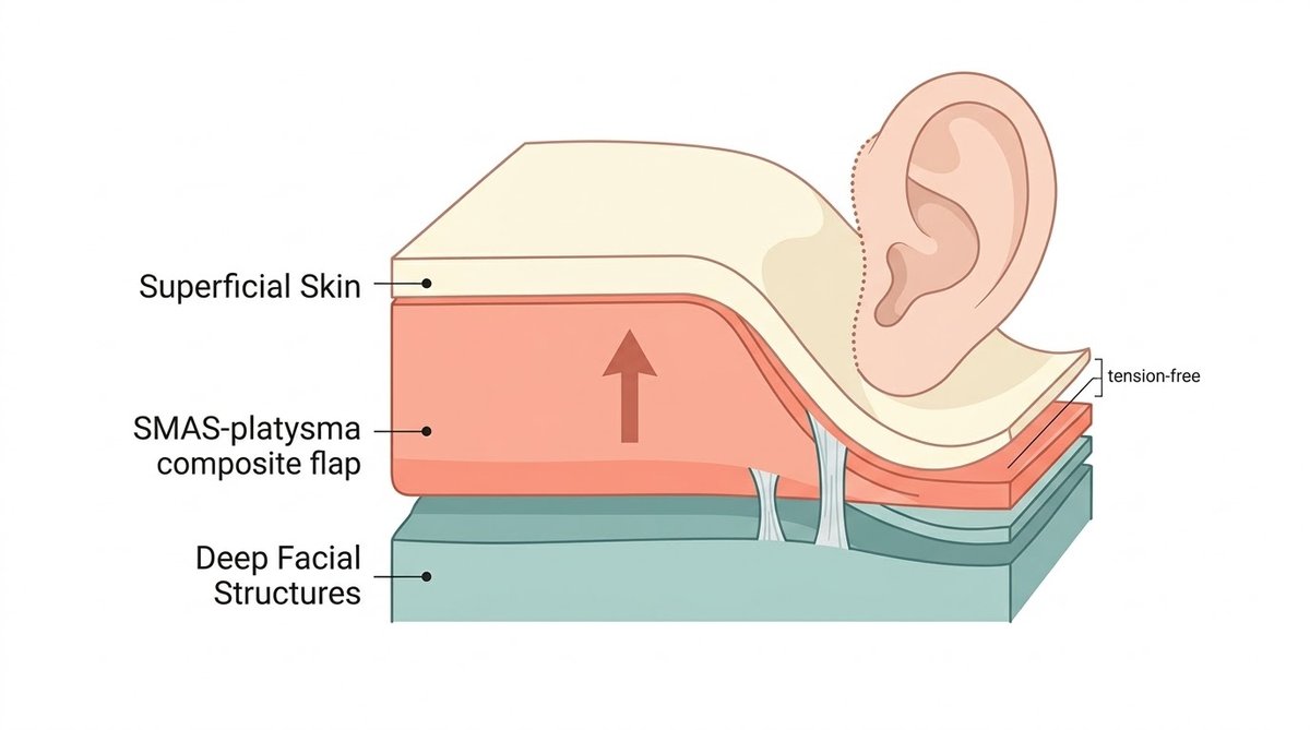 Cross-sectional medical illustration showing the three tissue layers in a Deep Plane Facelift: superficial skin draping tension-free over the SMAS-platysma composite flap, which bears the full lifting vector, above the deep facial structures — demonstrating why deep plane scars heal thinner and flatter than traditional facelift scars.
