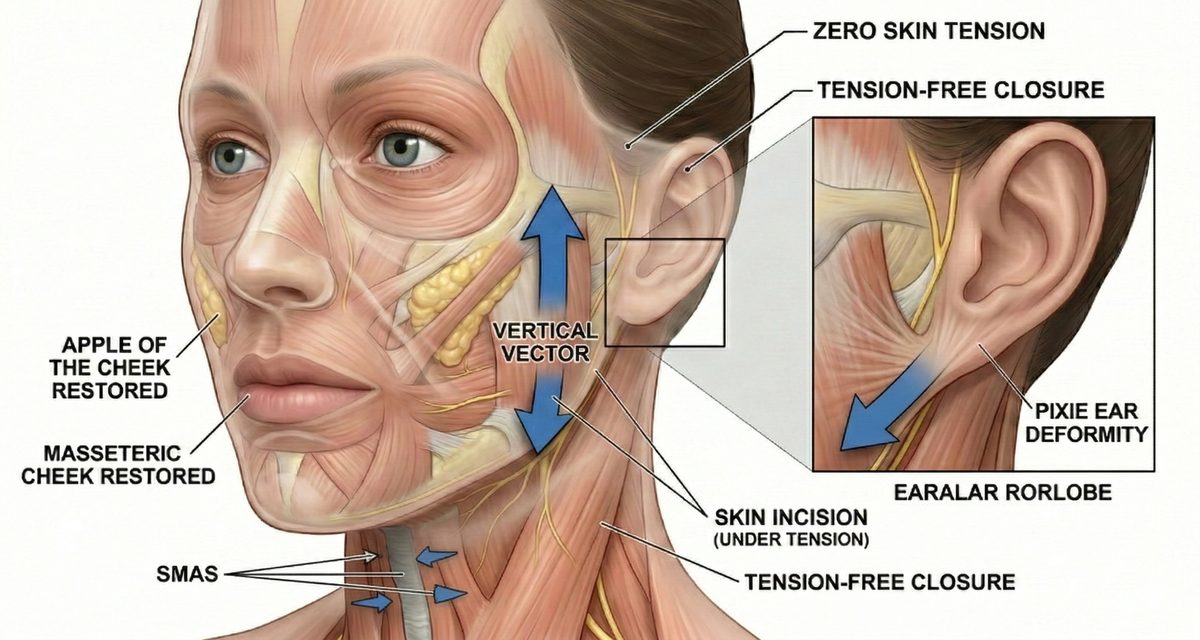 Anatomical diagram showing vertical vector repositioning in a Deep Plane facelift with tension-free closure and restored cheek volume