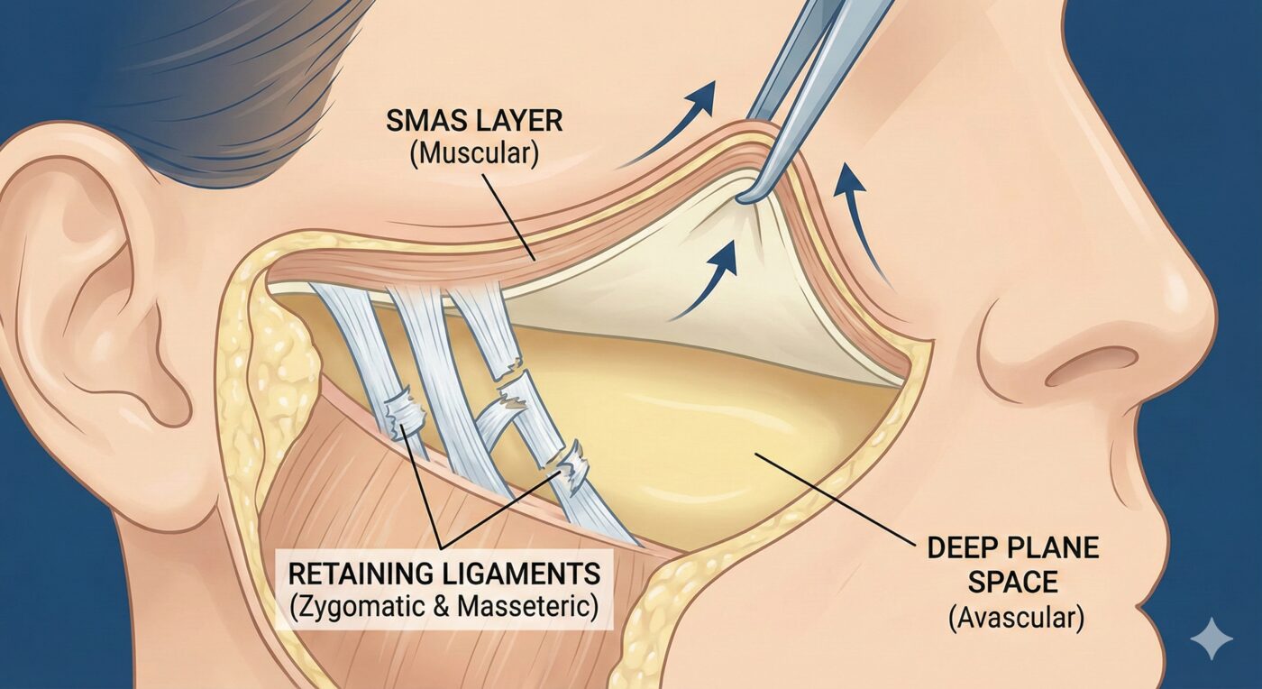 Anatomical illustration of the deep plane facelift showing the SMAS muscular layer, zygomatic and masseteric retaining ligaments, and the avascular deep plane space where the surgeon dissects beneath the SMAS