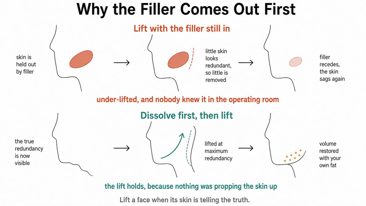 Two-row diagram contrasting a facelift performed with filler still in place, where the skin is propped up so too little is removed and the face sags again once the filler recedes, with the correct sequence of dissolving the filler first, lifting at maximum skin redundancy, and restoring volume with the patient’s own fat.