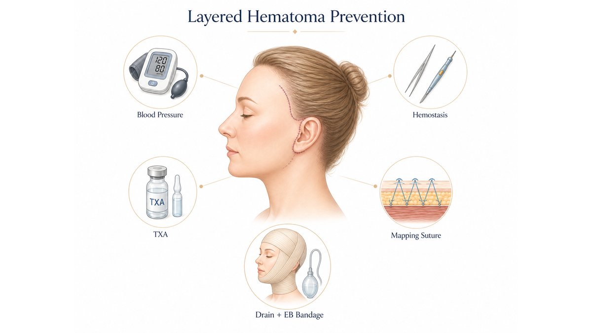 Layered hematoma prevention strategy after facelift surgery showing the five protective layers used by a board-certified plastic surgeon: blood pressure control, meticulous intraoperative hemostasis, tranexamic acid (TXA) administration, the mapping suture (also known as the hemostatic net or quilting suture), and the closed-suction drain with elastic compression bandage applied during the first twenty-four hours of recovery.