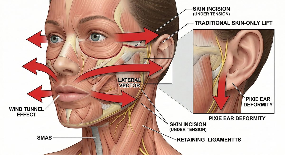Anatomical diagram showing how lateral skin tension causes the wind tunnel effect and pixie ear deformity in traditional skin-only facelifts