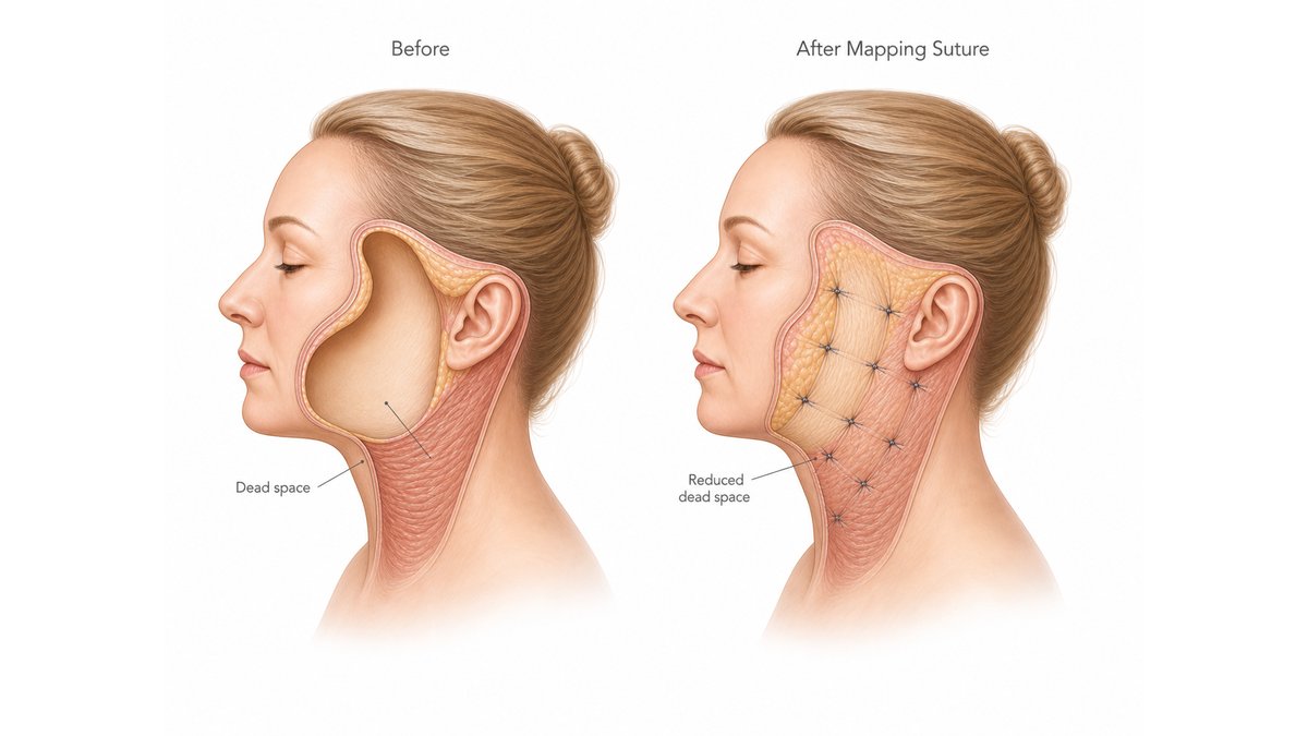 Anatomical comparison of the dissected facelift skin flap before and after the mapping suture, also known as the hemostatic net, Auersvald net, or quilting suture, is applied. The Before illustration shows the open dead space beneath the elevated skin flap where blood or serous fluid can accumulate to form a hematoma or seroma. The After Mapping Suture illustration shows the same area with multiple 4-0 nylon sutures anchoring the skin to the SMAS layer, mechanically obliterating the dead space and dramatically reducing the volume available for postoperative bleeding.