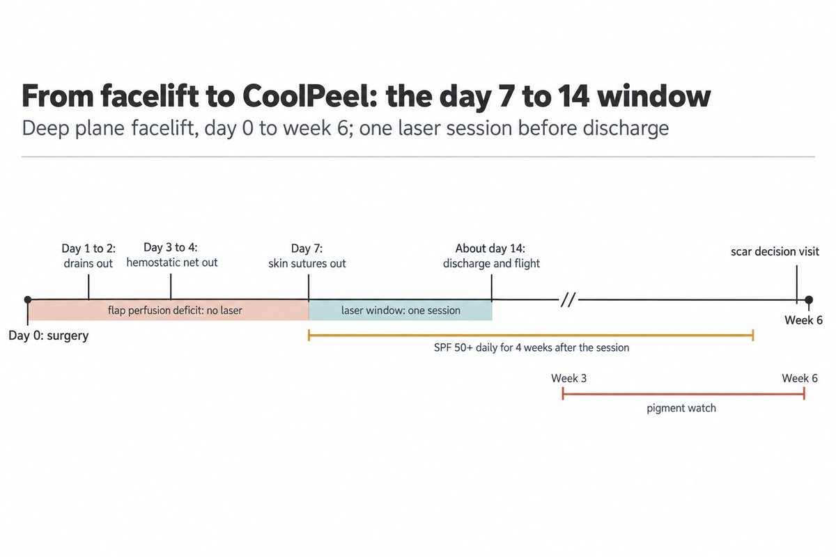 Frise chronologique allant du jour du lifting deep plane jusqu’à la semaine 6 et montrant où se situe la séance unique de CoolPeel : drains retirés au jour 1 à 2, filet hémostatique retiré au jour 3 à 4, fils cutanés retirés vers le jour 7, fenêtre de laser ombrée du jour 7 au jour 14, sortie et vol retour vers le jour 14, repère de surveillance pigmentaire aux semaines 3 à 6, visite de décision sur la cicatrice à la semaine 6, une bande de quatre semaines de SPF 50 ou plus quotidien à partir de la séance de laser, et les sept premiers jours marqués comme la fenêtre de déficit de perfusion du lambeau pendant laquelle aucun laser n’est utilisé.
