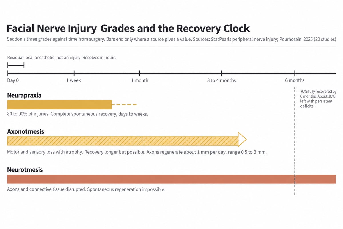 Timeline of facial nerve injury grades after a facelift running from the day of surgery to six months, with residual local anesthetic marked separately in the first hours as not an injury. Neurapraxia is a gold bar ending within days to weeks and accounts for 80 to 90 percent of injuries, axonotmesis is a hatched bar running past three to four months with axons regenerating about 1 mm per day, and neurotmesis is a terracotta bar with no end because spontaneous regeneration is impossible, with a six-month line noting 70 percent fully recovered and about 10 percent left with persistent deficits.
