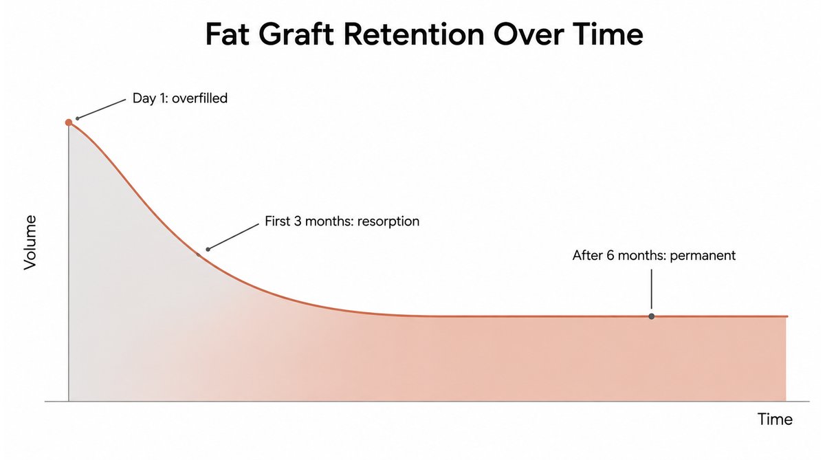 Line chart of fat graft retention over time: volume is overfilled on day one, drops through the first three months of resorption, then plateaus and stays permanent after six months