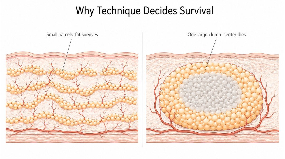 Comparison illustration showing fat placed as small parcels survives because blood vessels reach every cell, while one large clump dies in the center from lack of blood supply