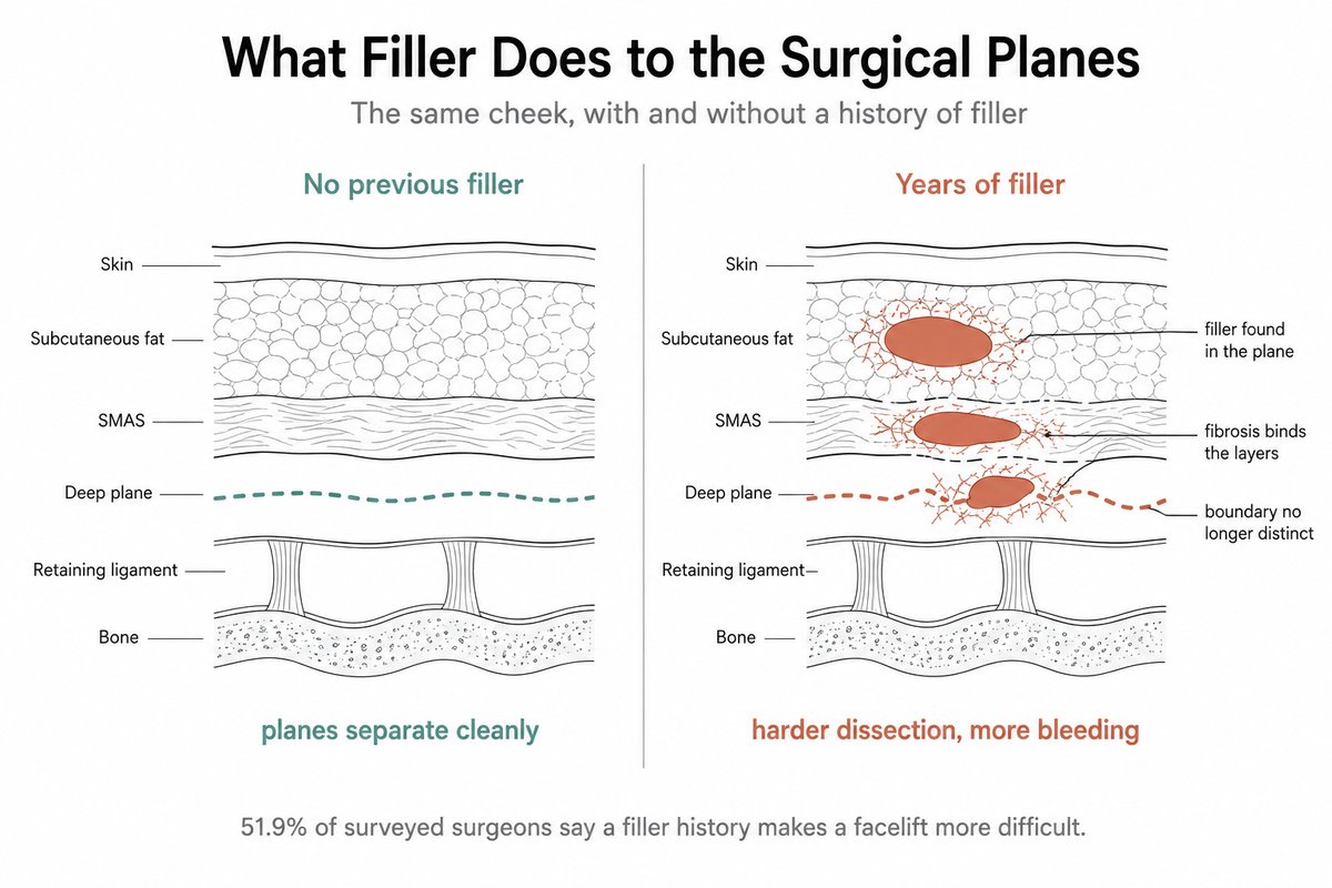 Two identical facial soft-tissue cross-sections comparing clean, distinct surgical planes in a face with no previous filler against a face with years of filler, where filler deposits and surrounding fibrosis cross and obscure the layer boundaries and make dissection harder and bleeding greater.