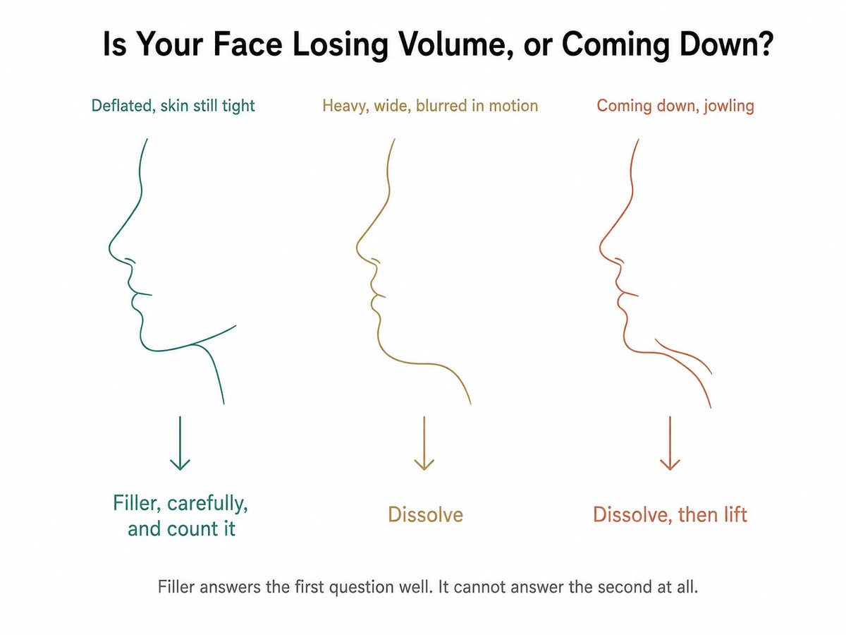 Decision chart matching the problem to the treatment: a deflated face with tight skin to careful filler, a heavy and blurred overfilled face to dissolving, and a descending face with jowls to dissolving followed by a facelift.