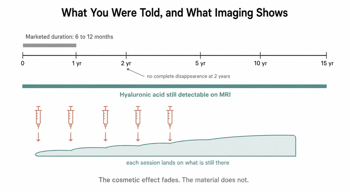 Timeline comparing the marketed six to twelve month duration of hyaluronic acid filler against MRI evidence that it remains detectable for up to fifteen years, with repeated sessions accumulating on filler that never left.