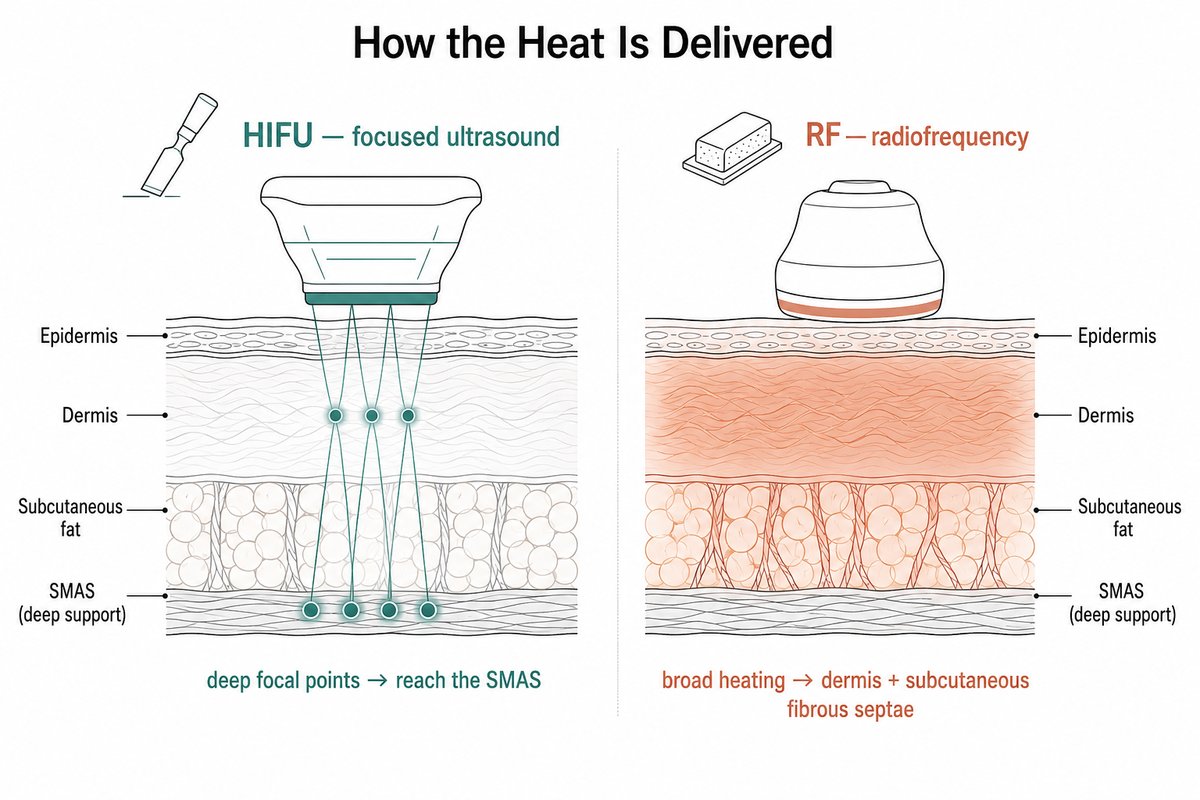Side-by-side skin cross-sections showing HIFU delivering deep focal heat points that reach the SMAS versus radiofrequency spreading broad, even heat through the dermis and subcutaneous fibrous septae.