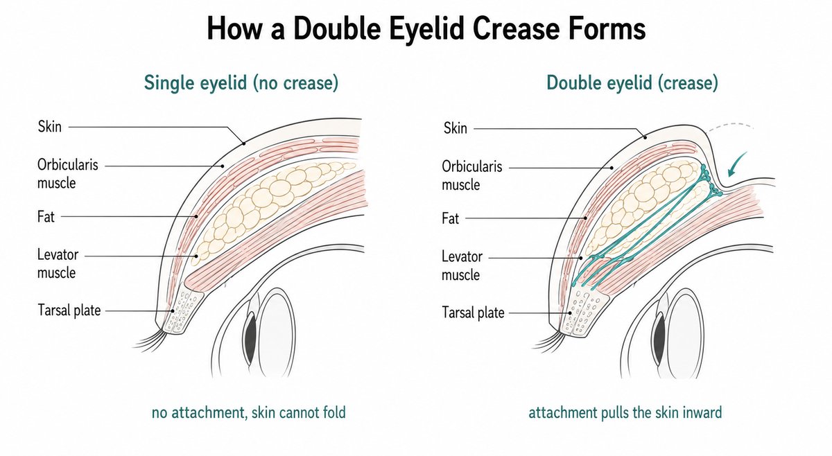 Cross-section comparison of a single eyelid with no levator attachment to the skin and a double eyelid where fibrous extensions from the levator muscle attach to the skin and pull it inward to form a crease.