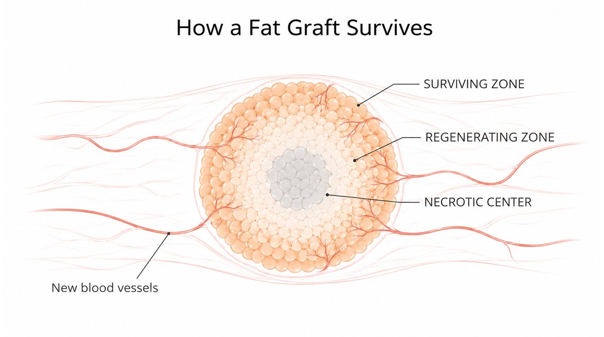 Cross-section diagram of a fat graft showing the surviving outer zone, the regenerating middle zone, and the necrotic center, with new blood vessels growing in from the surrounding tissue