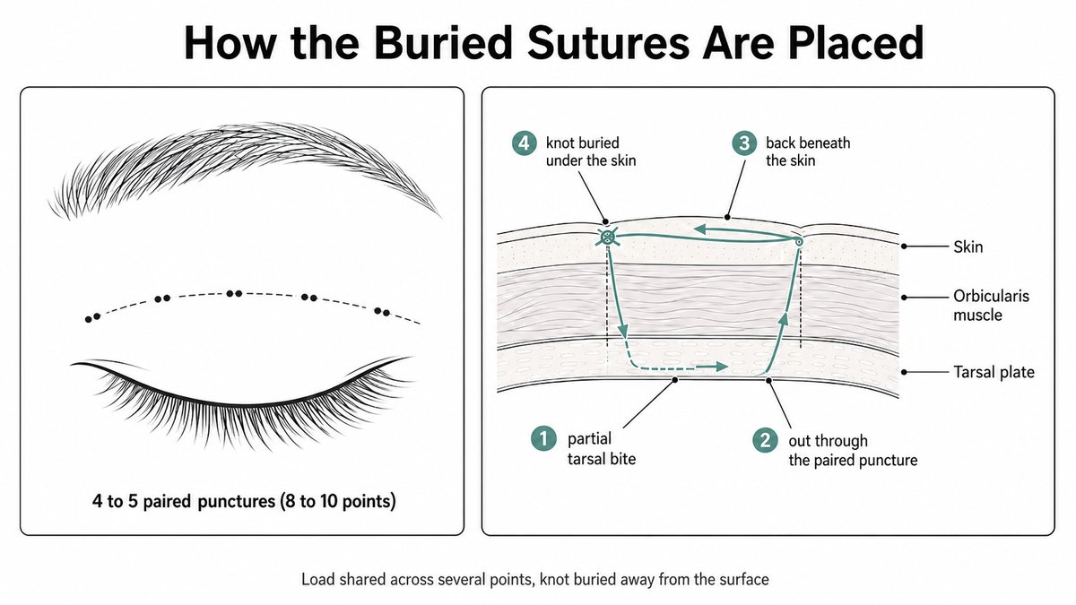 Diagram of how the buried sutures are placed: four to five paired puncture points along the crease line, and a cross-section showing the thread taking a partial tarsal bite, passing out through the paired puncture, travelling back beneath the skin, and finishing with the knot buried under the surface.
