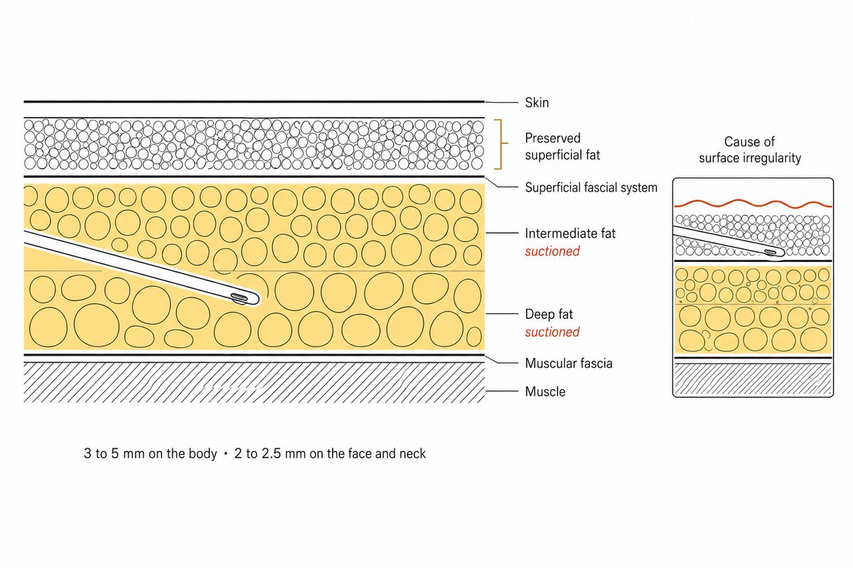 Cross-section of skin and subcutaneous fat showing which layers are suctioned during liposuction and which are preserved. From the surface down: skin, a preserved superficial fat layer drawn as small tightly packed lobules, the superficial fascial system, then the intermediate and deep fat layers drawn as progressively larger and looser lobules and shaded to mark them as the layers that are suctioned, then the muscular fascia and muscle. A cannula travels within the deep layer with its side aperture facing away from the skin. An inset shows a cannula incorrectly crossing into the superficial fat above the fascial line, with the skin surface above it drawn wavy to illustrate the cause of contour irregularity. Cannula diameter is 3 to 5 mm on the body and 2 to 2.5 mm on the face and neck.