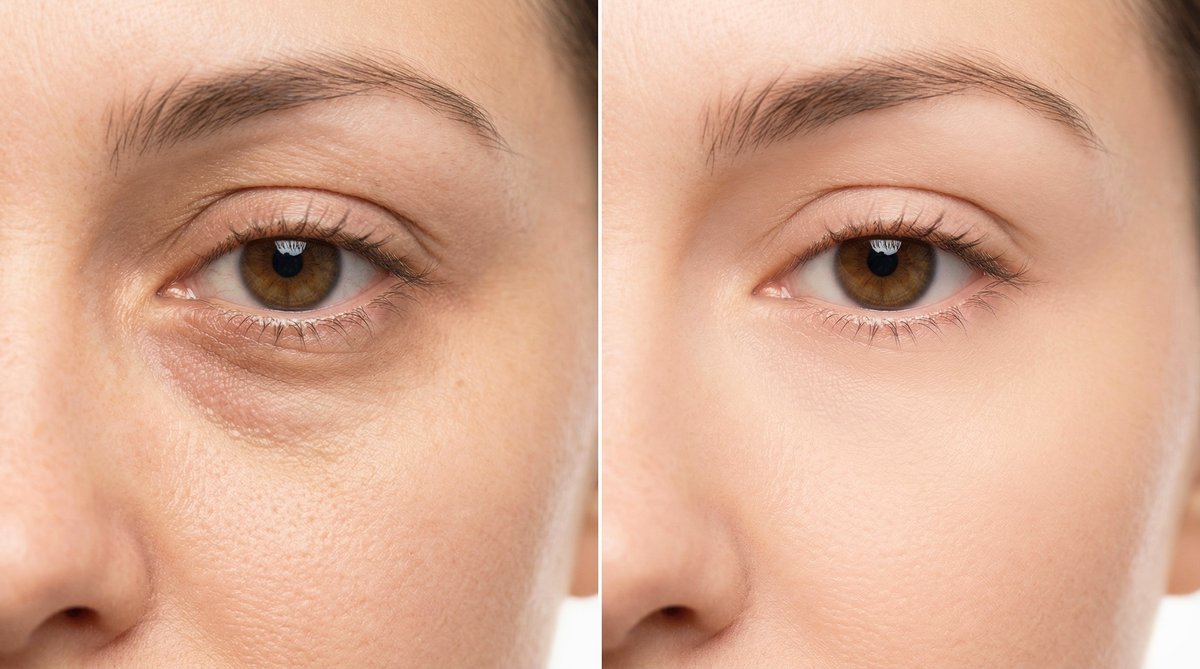 Before and after lower blepharoplasty with fat repositioning showing smooth lid-cheek contour.