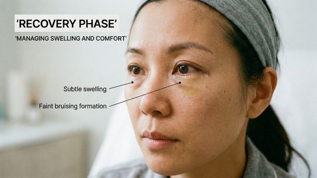 Lower blepharoplasty recovery phase showing subtle swelling and faint bruising after surgery