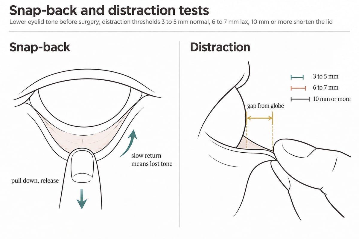 Diagram of the two bedside tests of lower eyelid tone before lower blepharoplasty: the snap-back test, in which the lid is pulled down and released and a slow return means lost tone, and the distraction test, in which the lid is pulled forward and the gap from the globe is measured against a scale of 3 to 5 mm, 6 to 7 mm and 10 mm or more.