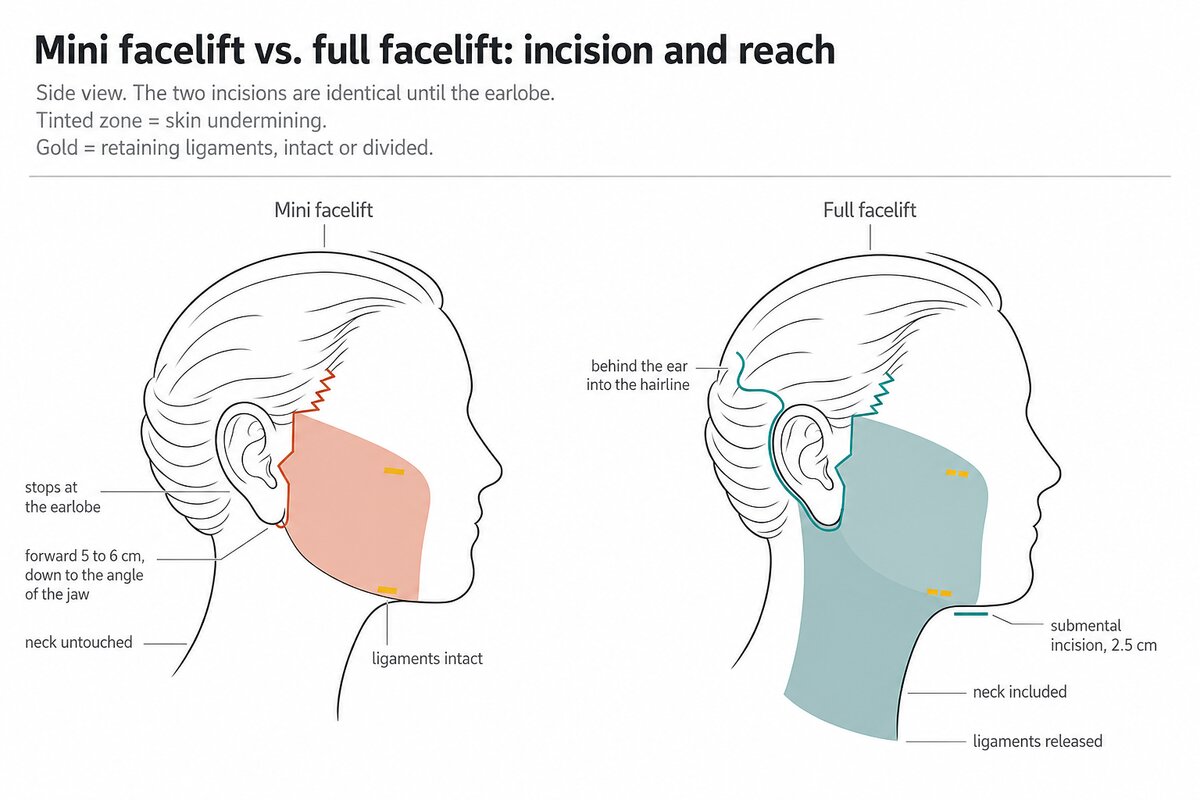 Side-by-side diagram of the mini facelift and full facelift incisions on the same face. Both lines run identically from a zigzag inside the sideburn, down the front of the ear and behind the tragus, to the bottom of the earlobe. On the left the mini facelift line stops there, and its shaded zone of undermining reaches forward about 5 to 6 centimeters and down to the angle of the jaw, stopping at the jawline, with the zygomatic and mandibular ligament marks left unbroken beneath it. On the right the full facelift line continues under the lobe, up into the groove behind the ear and back into the scalp, with a separate 2.5 centimeter incision behind the submental crease, a shaded zone that crosses the jawline and covers the neck, and both ligament marks divided.