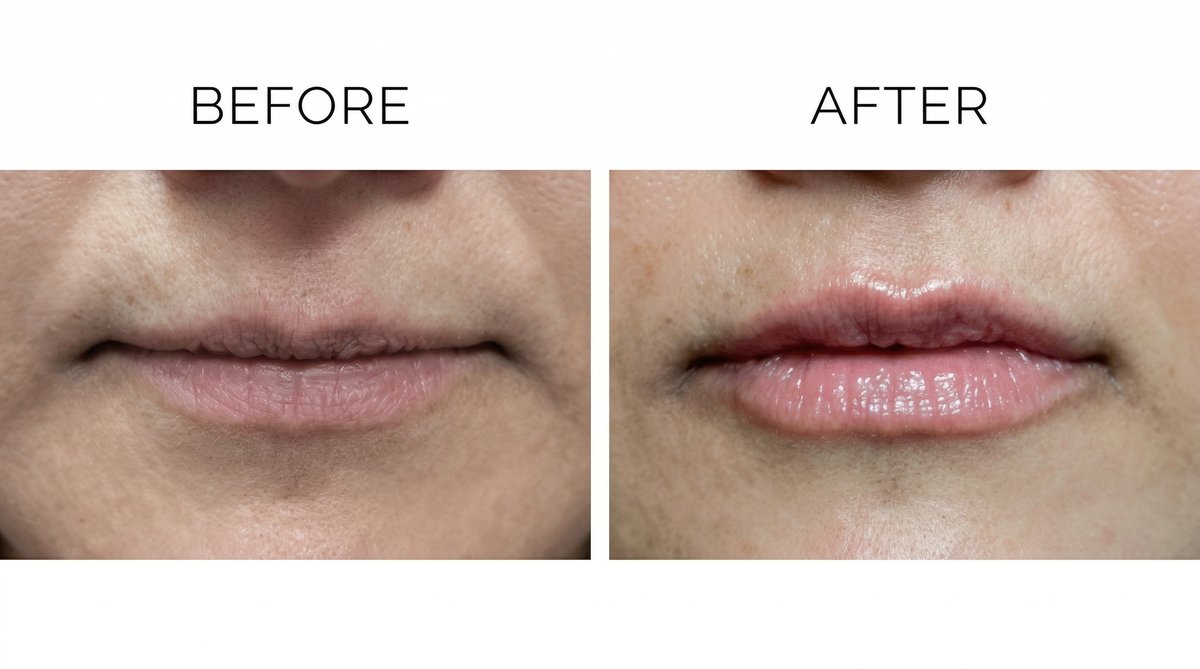 Before and after comparison of natural lip augmentation showing a well-defined vermilion border and balanced lip volume achieved through precise submucosal filler placement by a board-certified plastic surgeon.