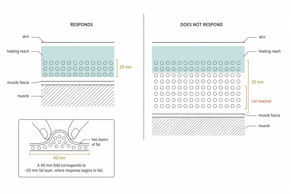 Cross-section diagram showing why subcutaneous fat thickness decides whether ONDA microwave body contouring will work. Both panels show the same soft teal band marking the depth that useful heating reaches, roughly 20 millimeters below the skin. In the responds panel the fat layer is 15 millimeters thick and sits entirely inside the heated zone, down to the muscle fascia. In the does not respond panel the fat layer is 35 millimeters thick, so heating covers only the upper portion and the lower part of the layer is marked as not reached. An inset shows the pinch test geometry, where a 40 millimeter skin fold captures two layers of fat and corresponds very approximately to a 20 millimeter fat layer, the point at which response begins to fail.