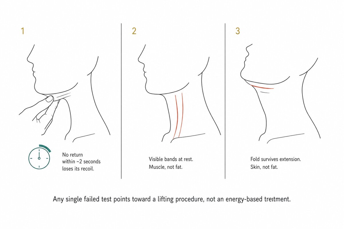 Three clinical tests a patient can use to check whether submental skin is suitable for ONDA microwave treatment rather than a lifting procedure. In the snap test, neck skin is pinched and released, and skin that does not return within about two seconds has lost the recoil the treatment depends on. In the second test, vertical platysmal bands visible in the neck at rest indicate a muscle problem that heat applied to fat will not change. In the extension test, the chin is raised and a fold that persists on extension indicates skin rather than fat. Any single failed test points toward a lifting procedure instead of an energy-based treatment.
