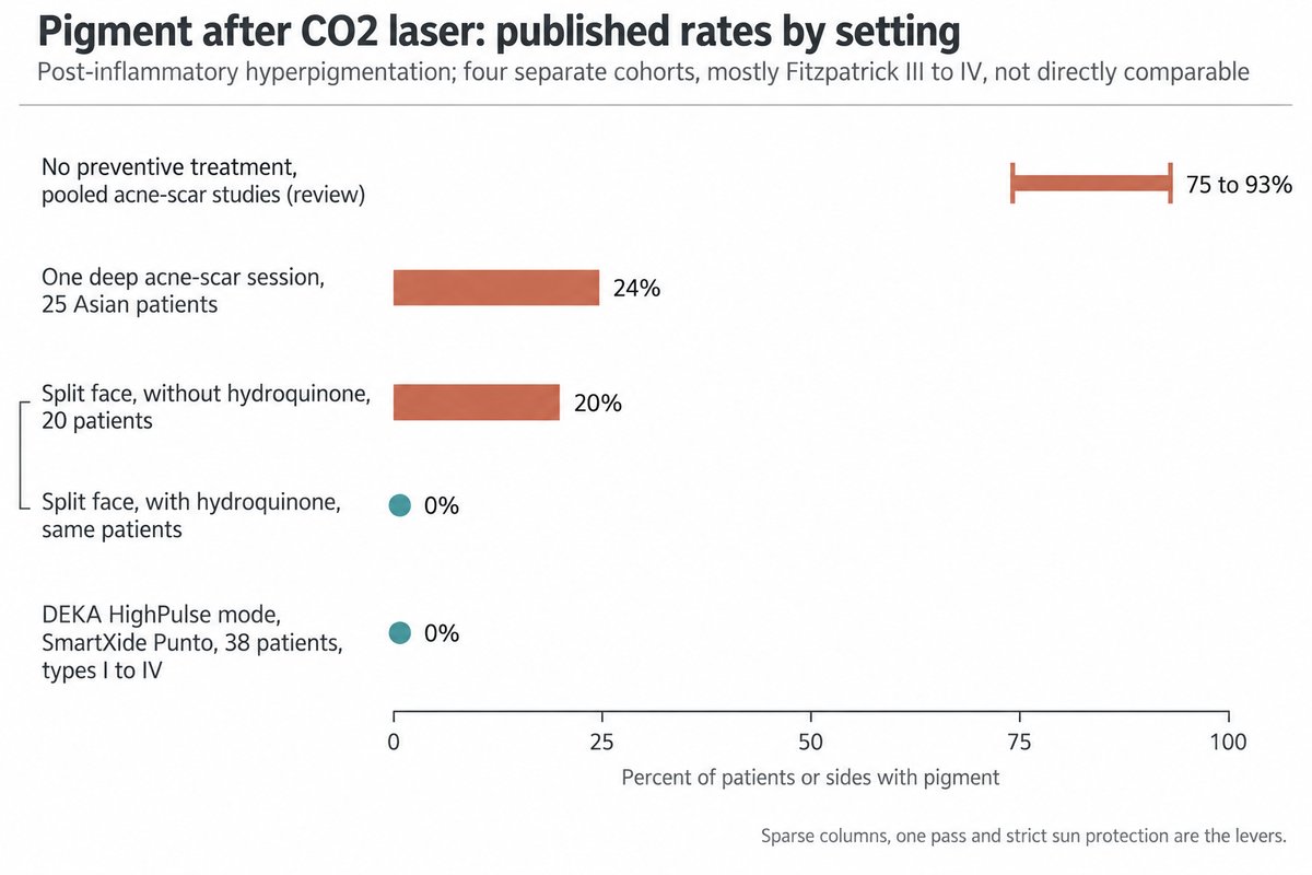 Diagramme en barres comparant les taux publiés d’hyperpigmentation post-inflammatoire après laser CO2 dans quatre cohortes distinctes, pour la plupart de phototype Fitzpatrick III à IV : 75 à 93 % sans traitement préventif dans des études sur cicatrices d’acné regroupées, 24 % après une séance unique en mode acné profond chez 25 patients asiatiques, 20 % des côtés sans hydroquinone contre 0 % avec elle dans une étude en hémi-visage sur 20 patients, et 0 % chez 38 patients de phototype I à IV traités en mode DEKA HighPulse sur le SmartXide Punto, chaque barre portant l’effectif de l’étude et la mise en garde que les cohortes ne sont pas comparables entre elles.