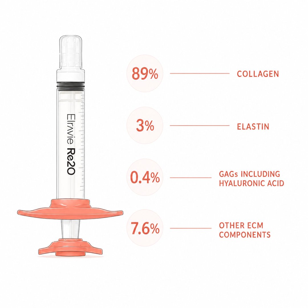 Elravie Re2O (RE2O) prefilled syringe labeled with its extracellular matrix composition: about 89% collagen, 3% elastin, 0.4% GAGs including hyaluronic acid, and 7.6% other ECM components
