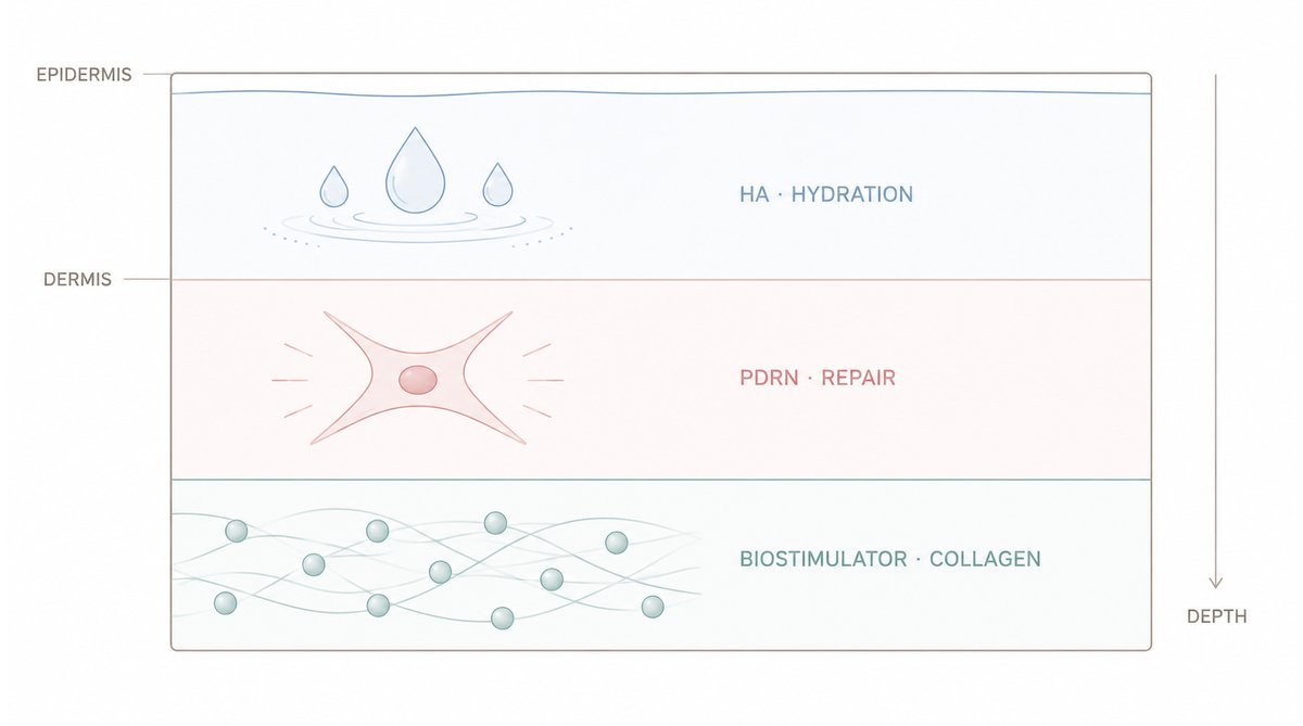 Cross-section diagram of skin showing how skin boosters work at three depths of the dermis: hyaluronic acid for hydration near the surface, PDRN for repair in the mid dermis, and biostimulators for collagen deeper down