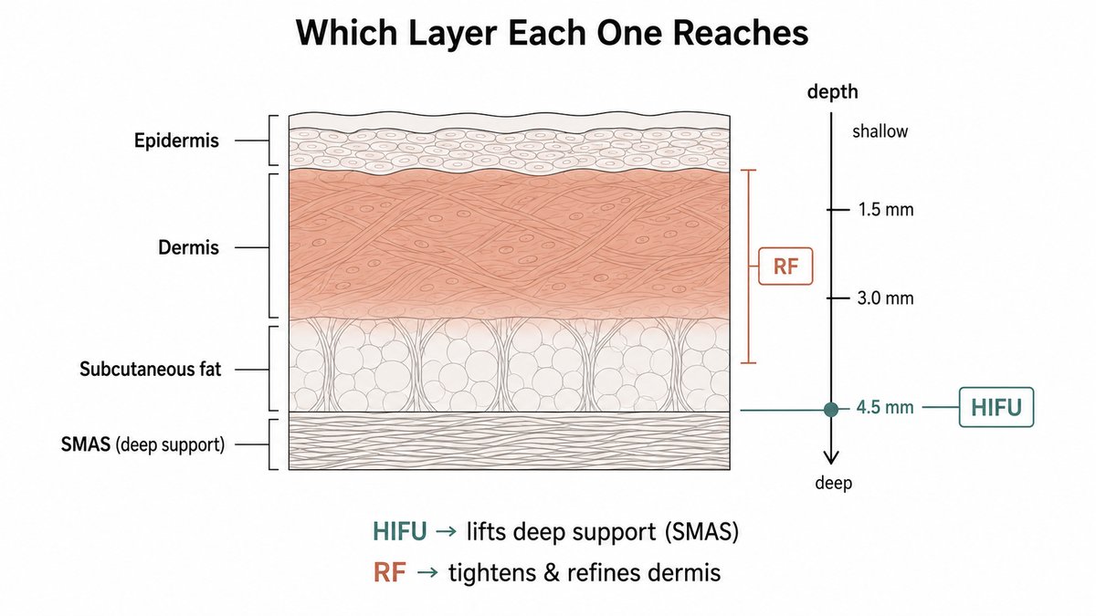 Skin depth diagram showing HIFU reaching the deep SMAS layer at about 4.5 mm to lift while radiofrequency warms the dermis and upper subcutaneous layer to tighten, with depth labeled shallow to deep.