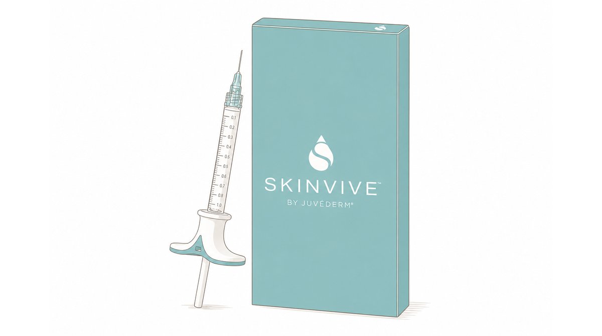 Skinvive by Juvederm prefilled syringe beside its teal box, the hyaluronic acid microdroplet skin booster used for hydration and skin smoothness