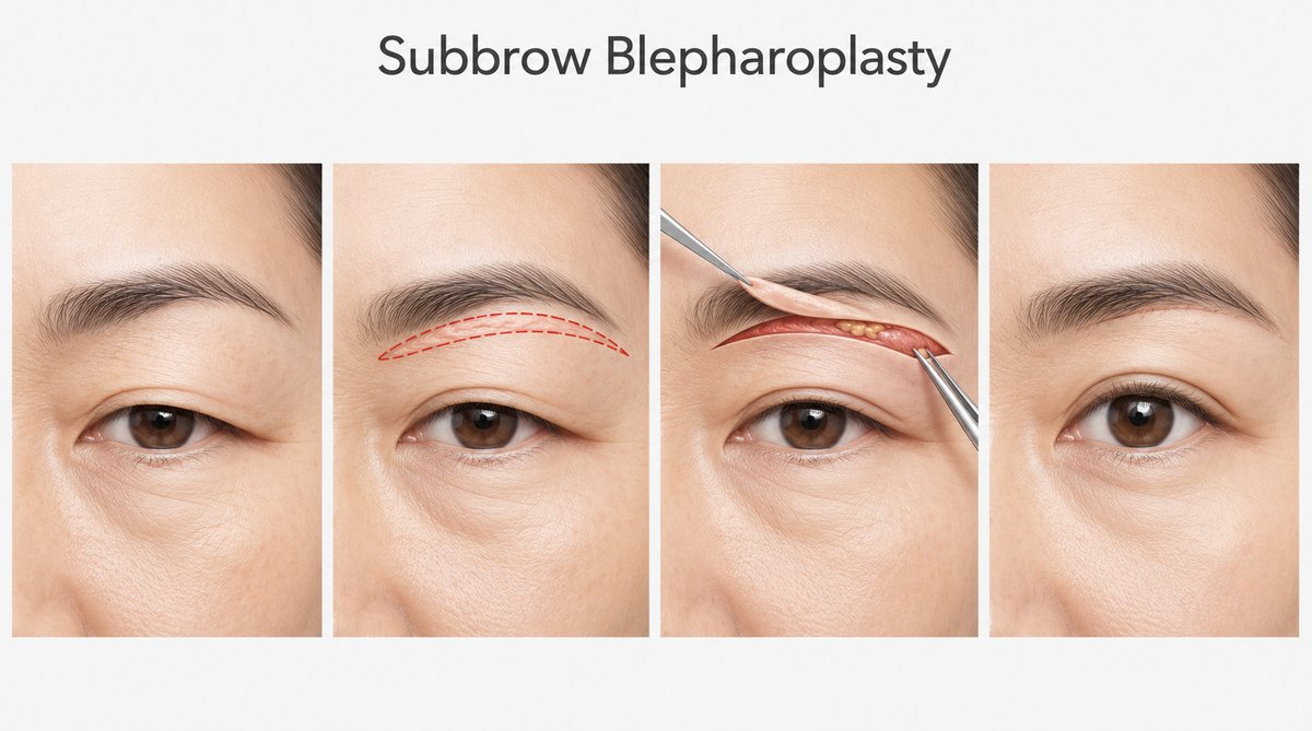 Sub-brow lift incision diagram showing how the surgical line is placed at the inferior border of the eyebrow to remove thick sub-brow skin while preserving the existing upper eyelid crease and natural eye shape of Asian patients.