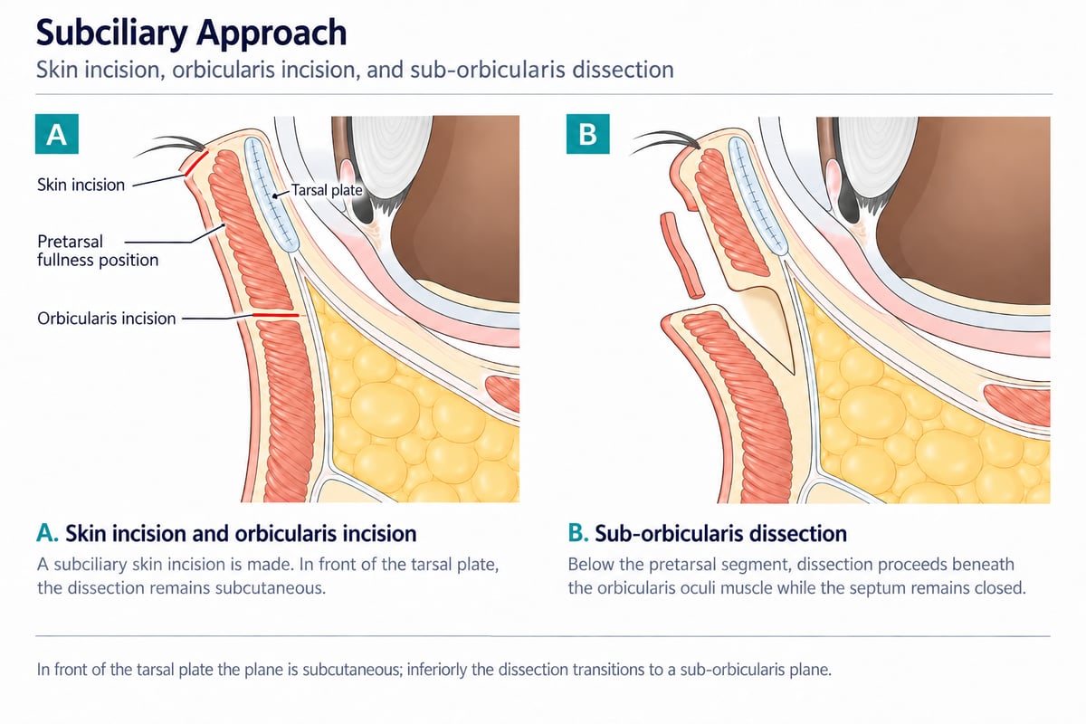 Two-panel cross-section diagram of the subciliary skin-muscle flap: panel A shows the skin incision 1 to 2 mm below the lash line with the orbicularis incised at the tarsal plate after preserving a cuff of pretarsal orbicularis, panel B shows the dissection continuing in the plane deep to the orbicularis and superficial to the still-closed orbital septum toward the orbital rim.