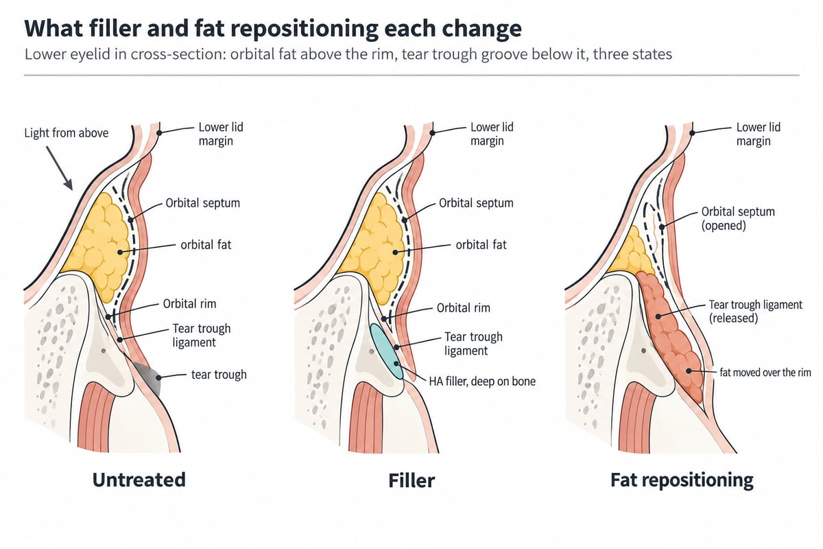 Diagram comparing tear trough filler with lower blepharoplasty fat repositioning: the lower eyelid in cross-section in three states, untreated, with orbital fat bulging above the orbital rim and a shadowed tear trough below the tear trough ligament; after tear trough filler, with hyaluronic acid placed deep on the bone in the groove while the fat still sits above the rim; and after fat repositioning, with the orbital septum opened, the ligament released and the fat moved down over the rim into the groove.