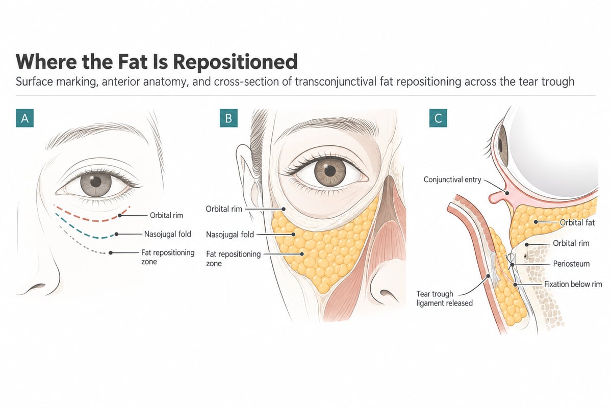 Three-panel diagram of where orbital fat is repositioned in transconjunctival lower blepharoplasty: surface markings of the orbital rim, nasojugal fold and fat repositioning zone on the face; the same landmarks drawn over the anatomy of the cheek; and a cross-section showing the conjunctival entry, the orbital fat brought down over the orbital rim, the tear trough ligament released, the periosteum, and the fixation below the rim.