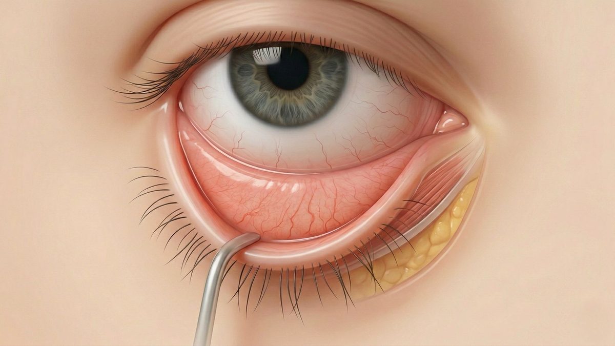 Transconjunctival lower blepharoplasty incision showing orbital fat access through the inner eyelid