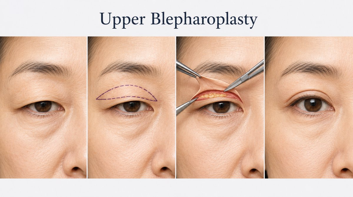 Upper blepharoplasty incision diagram showing how the surgical line follows the natural crease of the Asian upper eyelid to remove redundant lid skin and refine the double eyelid fold.