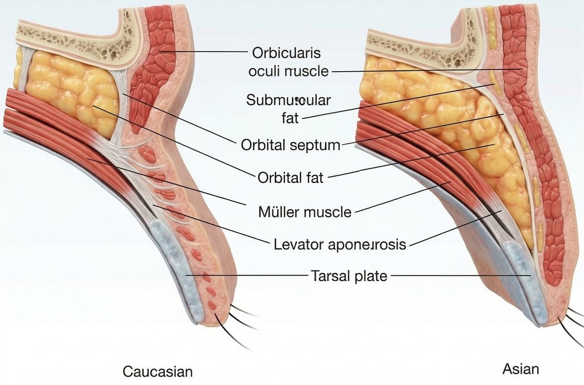 Cross-section anatomy of Caucasian vs Asian upper eyelid showing orbicularis muscle, orbital septum, fat pads, levator aponeurosis, and tarsal plate differences relevant to double eyelid surgery