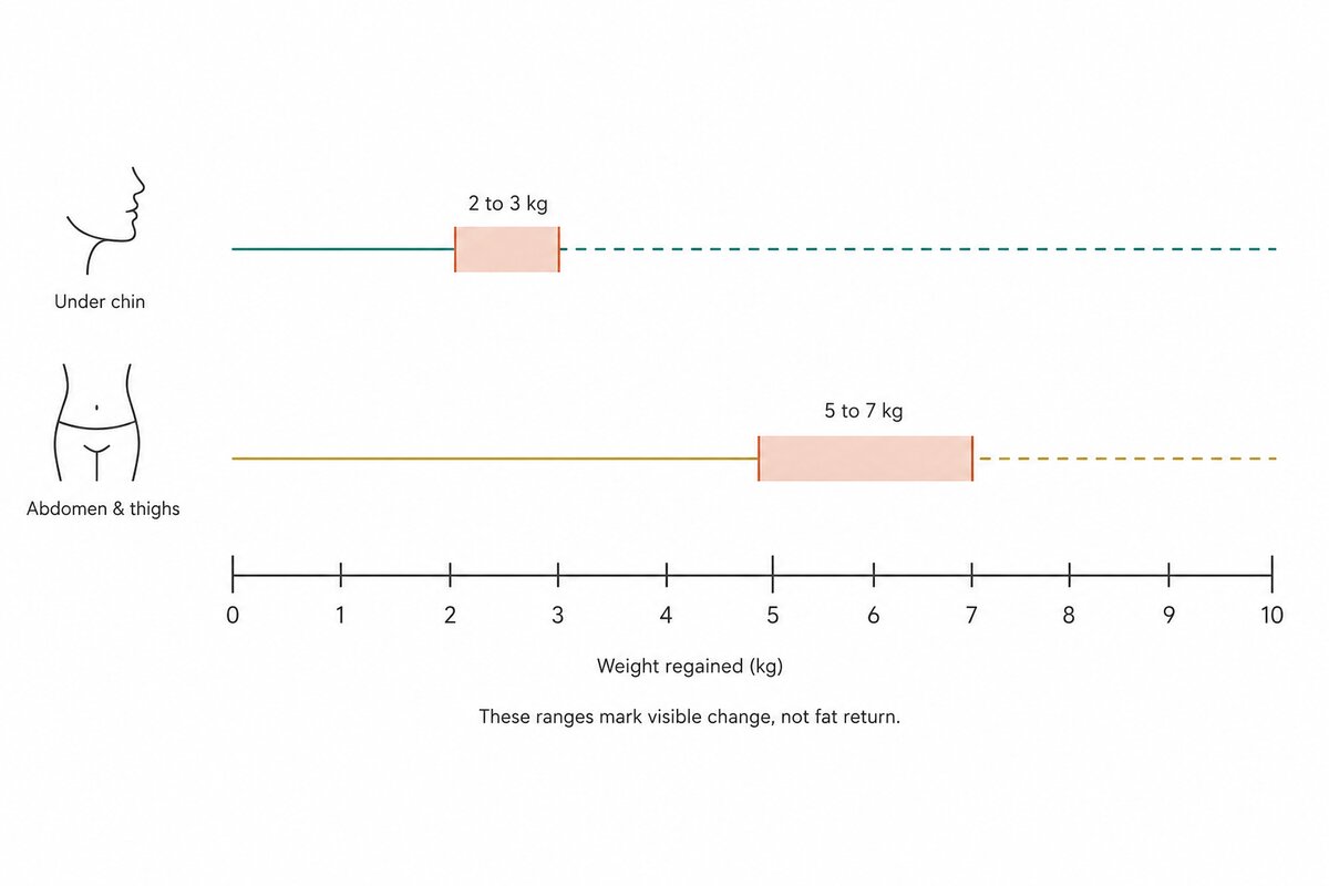 Chart comparing how much weight regain it takes before liposuction results become visible in the neck versus the body. The neck and area under the chin, shown in teal, reaches its threshold band at 2 to 3 kilograms. The abdomen and thighs, shown in gold, reach their threshold band at 5 to 7 kilograms, more than twice as far along the scale. Each bar continues as a dashed line beyond its band. The caption notes that these ranges mark the point where change becomes visible, not the point where fat has returned.