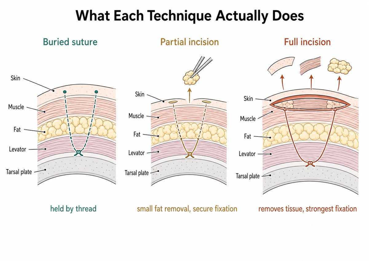 Eyelid cross-sections showing what each double eyelid technique does: a buried suture held by thread, a partial incision with small fat removal and secure fixation, and a full incision that removes tissue and gives the strongest fixation.