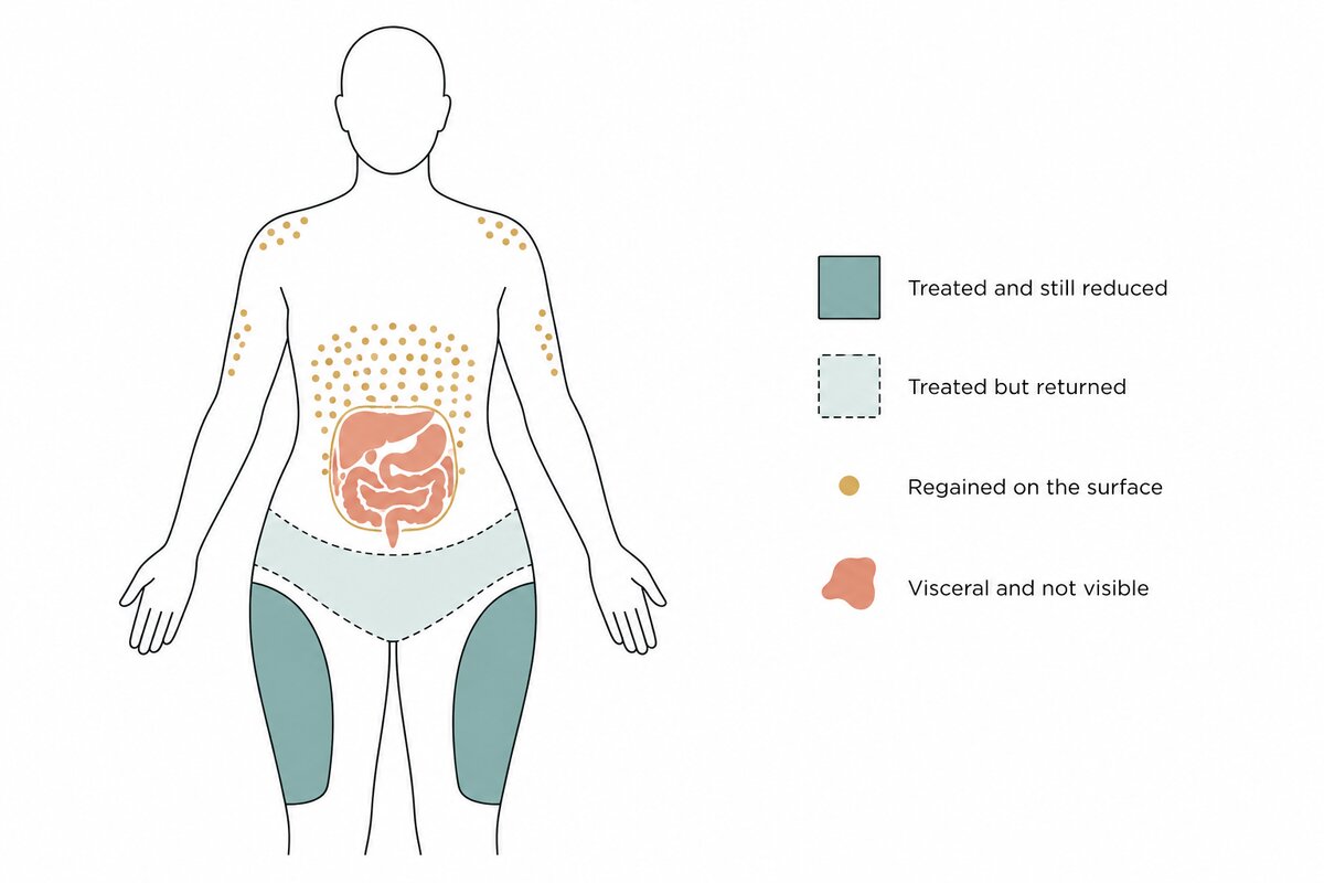 Map of where regained weight goes after liposuction, one year after surgery. The outer thighs are shaded solid teal to mark tissue that was treated and remained reduced at one year. The lower abdomen is shaded pale teal with a dashed outline to mark tissue that was treated but whose reduction had disappeared by one year. Gold dots mark fat regained on the surface in areas that were never suctioned, densest across the upper abdomen and lighter over the shoulders and upper arms. A terracotta shape deep inside the abdominal cavity marks compensatory visceral fat, which is neither visible nor pinchable and accumulates in patients who do not exercise.