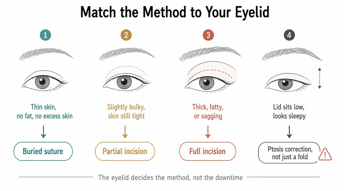 Decision chart matching eyelid type to double eyelid method: thin light lids to buried suture, slightly bulky lids to partial incision, thick or sagging lids to full incision, and a low sleepy lid to ptosis correction rather than a fold.